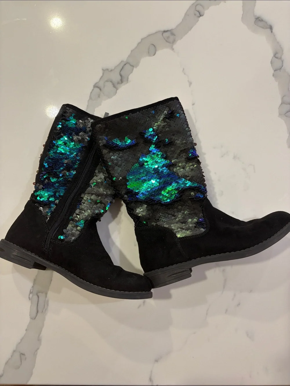 Black Faux Suede Mid-Calf Boots with Reversible Green-Blue Sequins
